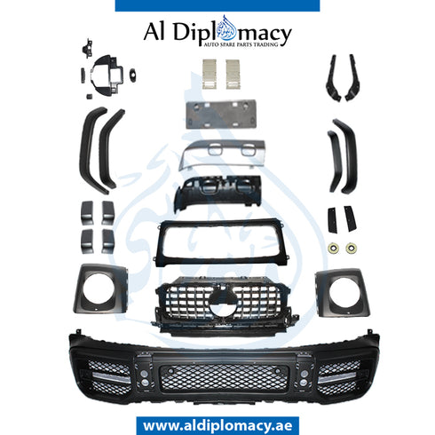 Front W463 BODYKIT UPGRADE FROM G500 TO G63 2019. Bumper, HEADLIGHT Frame, Grille, AND WHEEL ARCH SET for Mercedes-Benz G Class W463 (1992-2022) models, Part Number T-W463-G63 BODYKIT FROM G500 2019